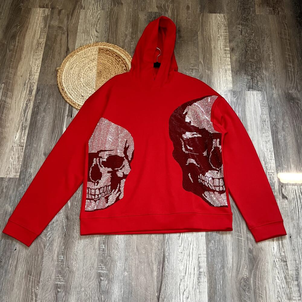 HEADS OR TAILS Sparkly Rhinestone Skull Red Pullover Hoodie NWOT